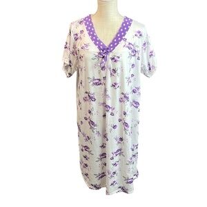 Betsy Short Sleeve Above Knee Dress Pajama Loungewear White Purple Floral XXL